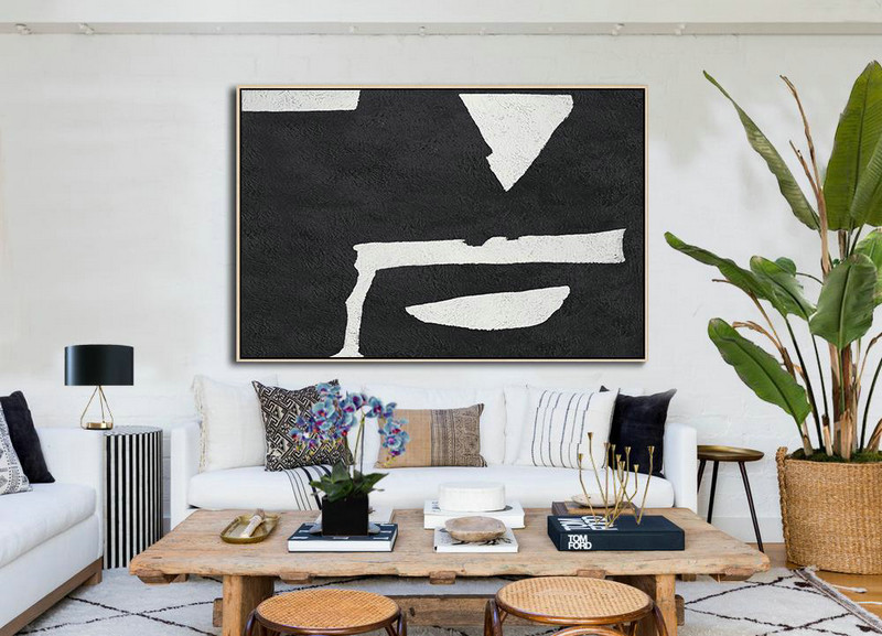 Extra Large Artwork,Hand Painted Oversized Horizontal Minimal Art On Canvas, Black And White Minimalist Painting - Large Abstract Wall Art